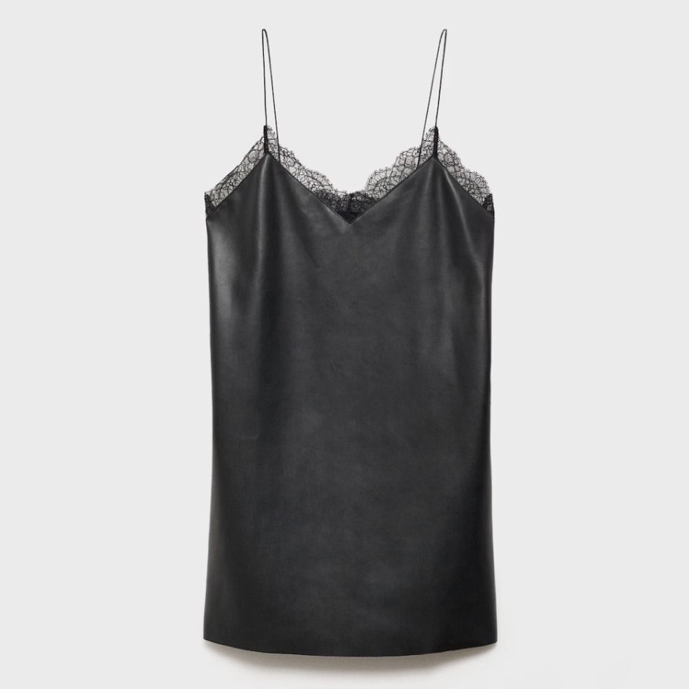 Mango Mng Black Faux Leather Lace Trim Slip Dress Mini V Neck Spaghetti Straps L